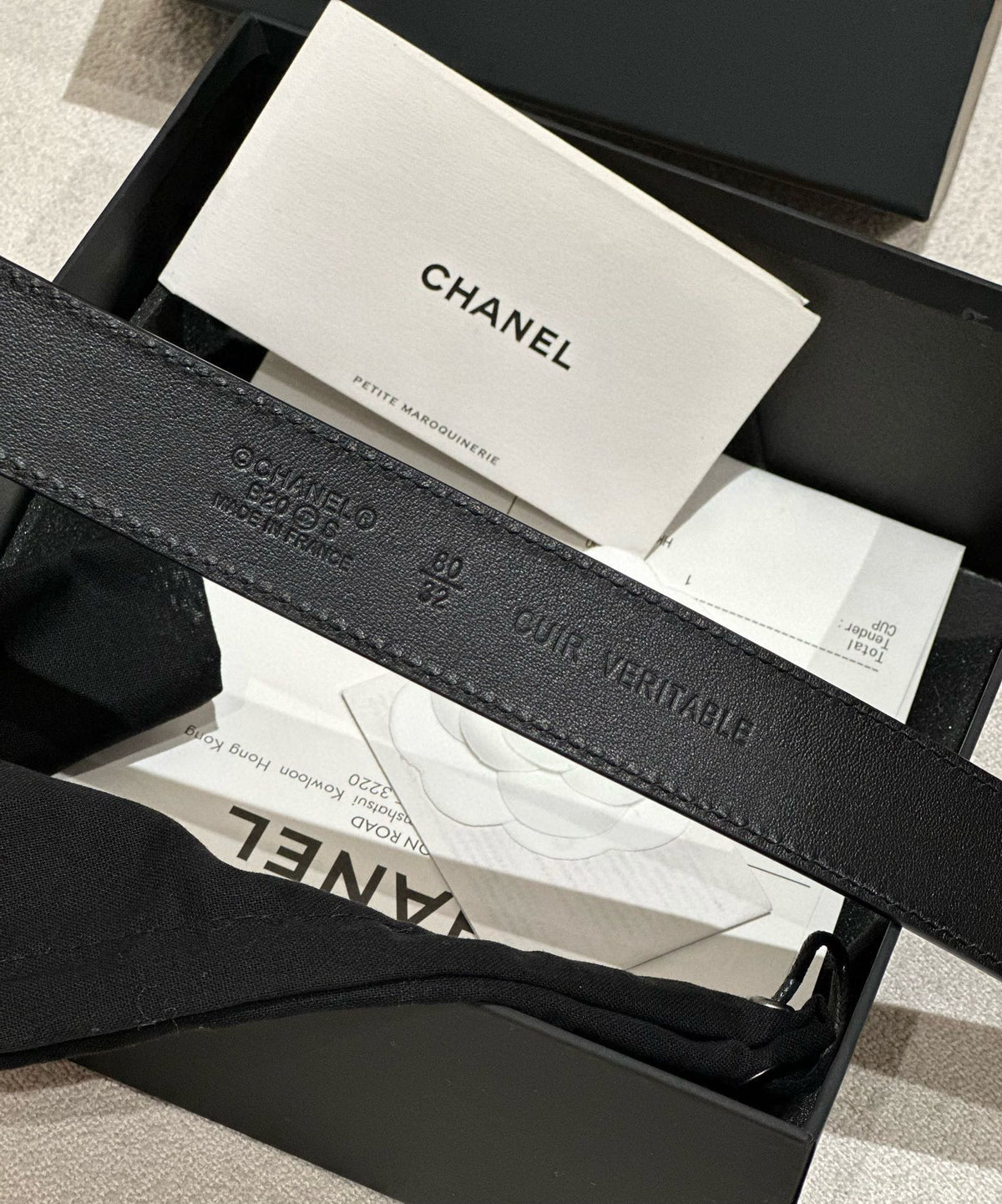 CHANEL DOUBLE C BELT 30MM IN BLACK CALFSKIN GOLD BUCKLE WITH EMBOSSED CHECK PATTERN