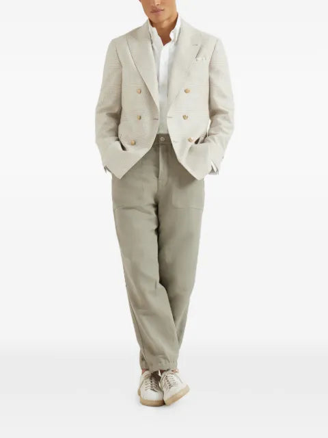 Brunello Cucinelli virgin wool, silk and linen Prince of Wales one-and-a-half breasted deconstructed blazer with metal buttons