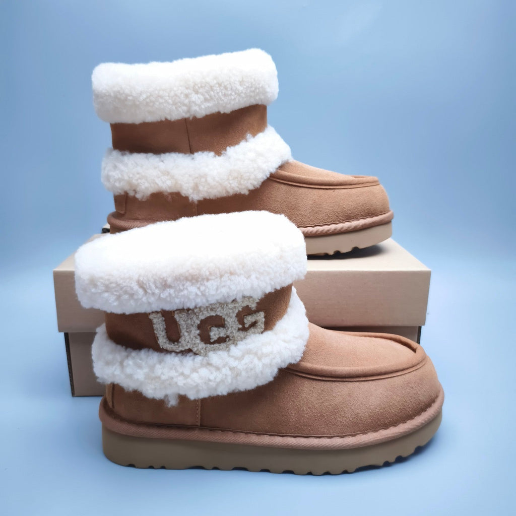 Chestnut Curly Fur Big Logo Mid-Top Trendy Boots — New Arrival | In Stock