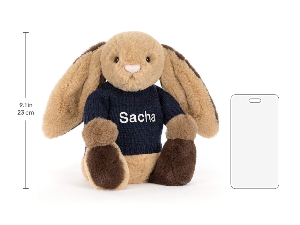 Bashful Patchwork Brown Bunny with Personalized Navy Jumper