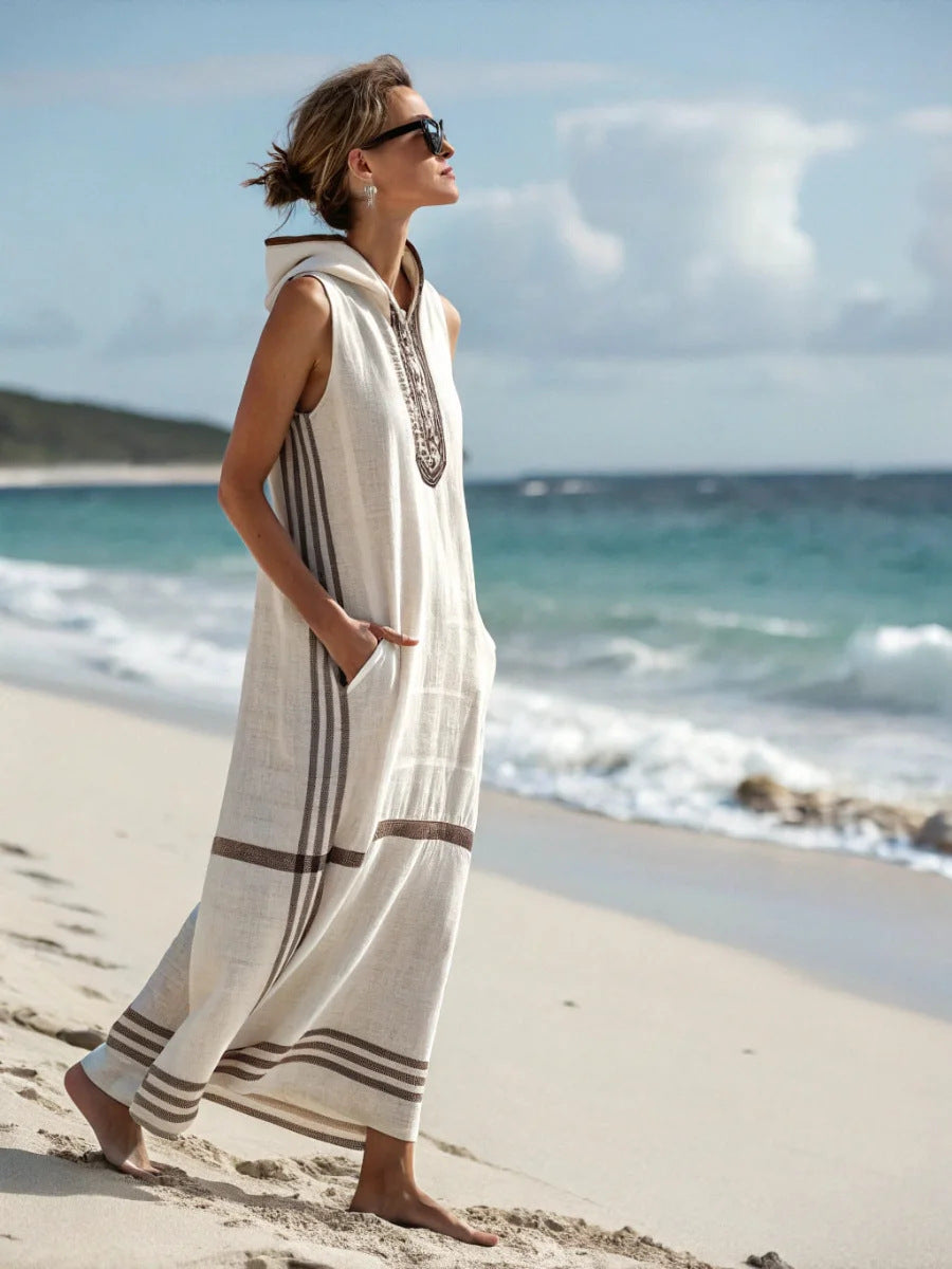 Women's Hooded Striped-Trim Sleeveless Maxi Beach Cover-Up