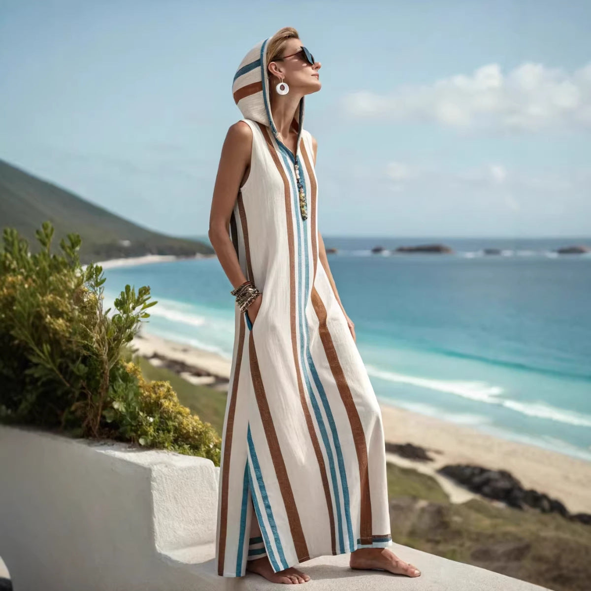 Women's Hooded Striped-Trim Sleeveless Maxi Beach Cover-Up