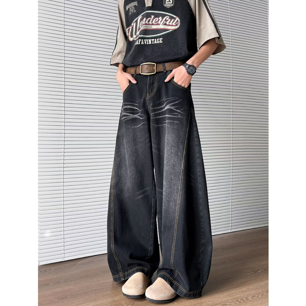 Y2K Vintage Washed Cat Whisker Curved Baggy Wide Leg Jeans Streetwear