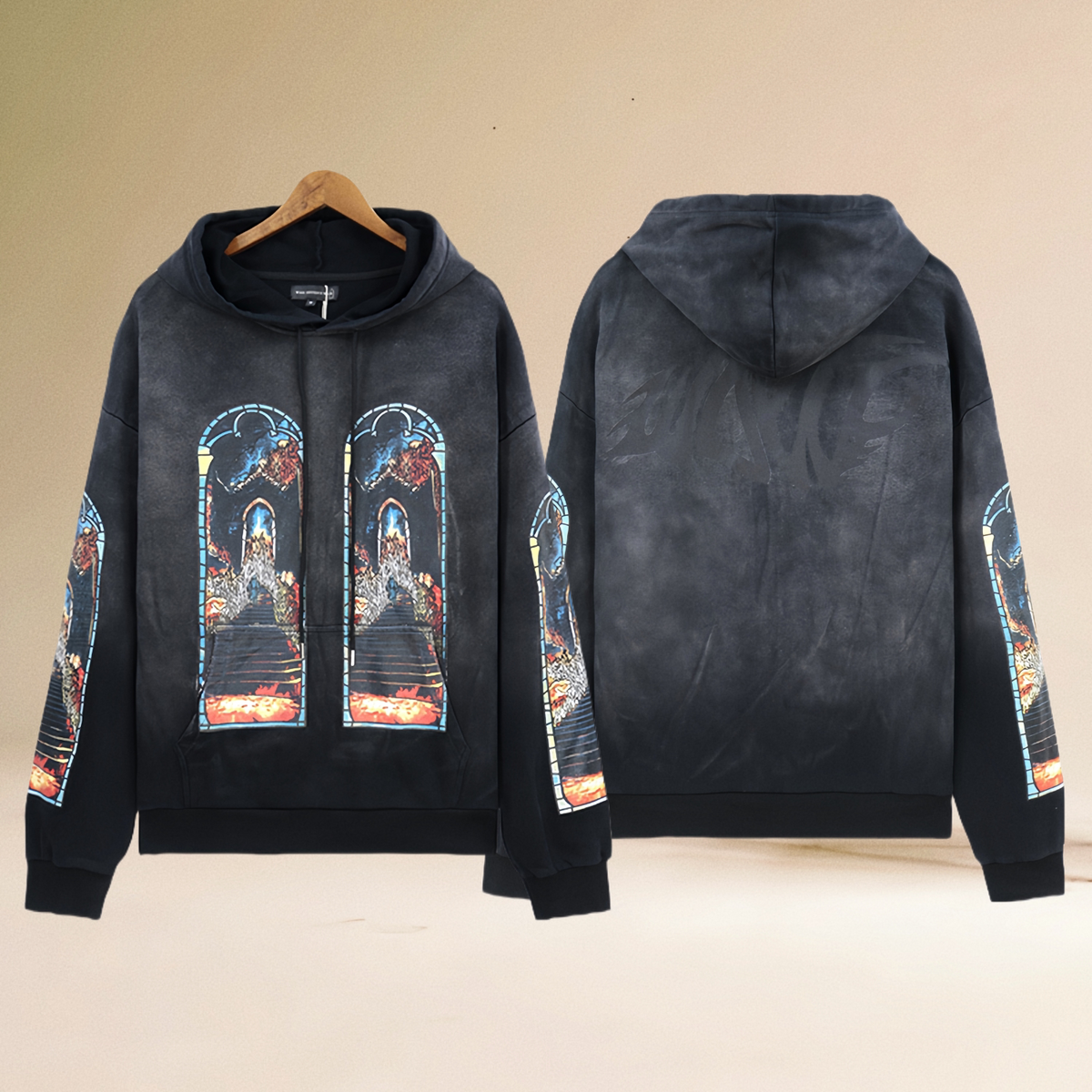 WHO DECIDES WAR Gothic Window Graphic Hoodie Black Unisex Oversized Streetwear Pullover