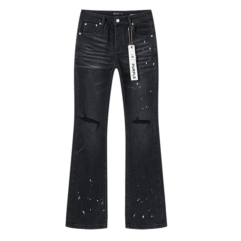 Purple Brand Black Paint-Splatter Distressed Flared Jeans