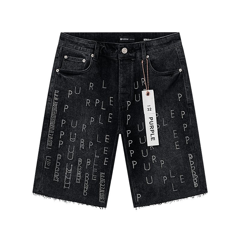 Purple Brand Black Rhinestone Graphic Denim Shorts