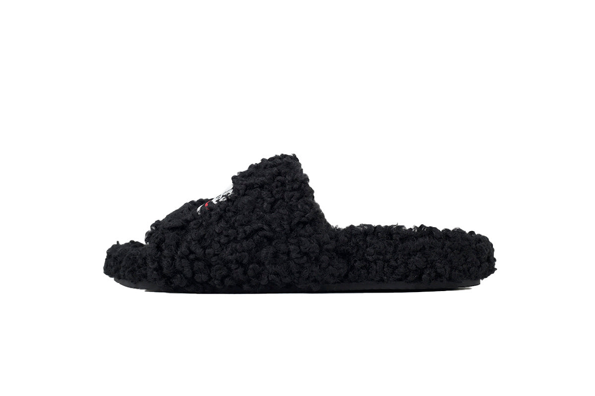 Balenciaga Coke Label Furry Slides Black 654747 W2DO1 1096