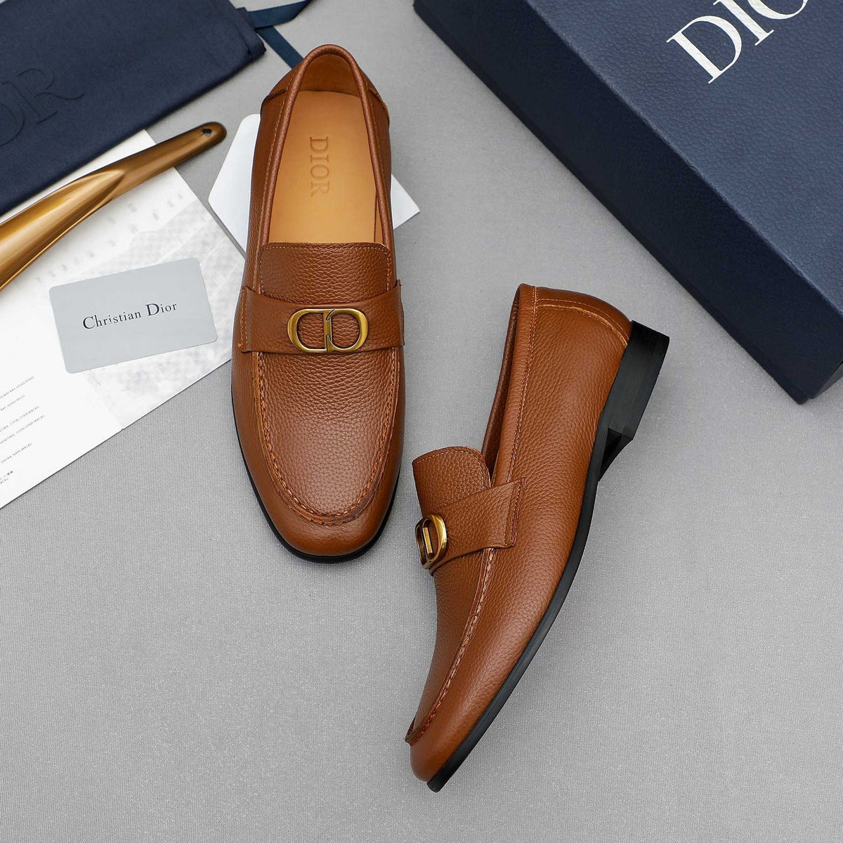 Dior Cognac Brown Pebbled Men's Loafers