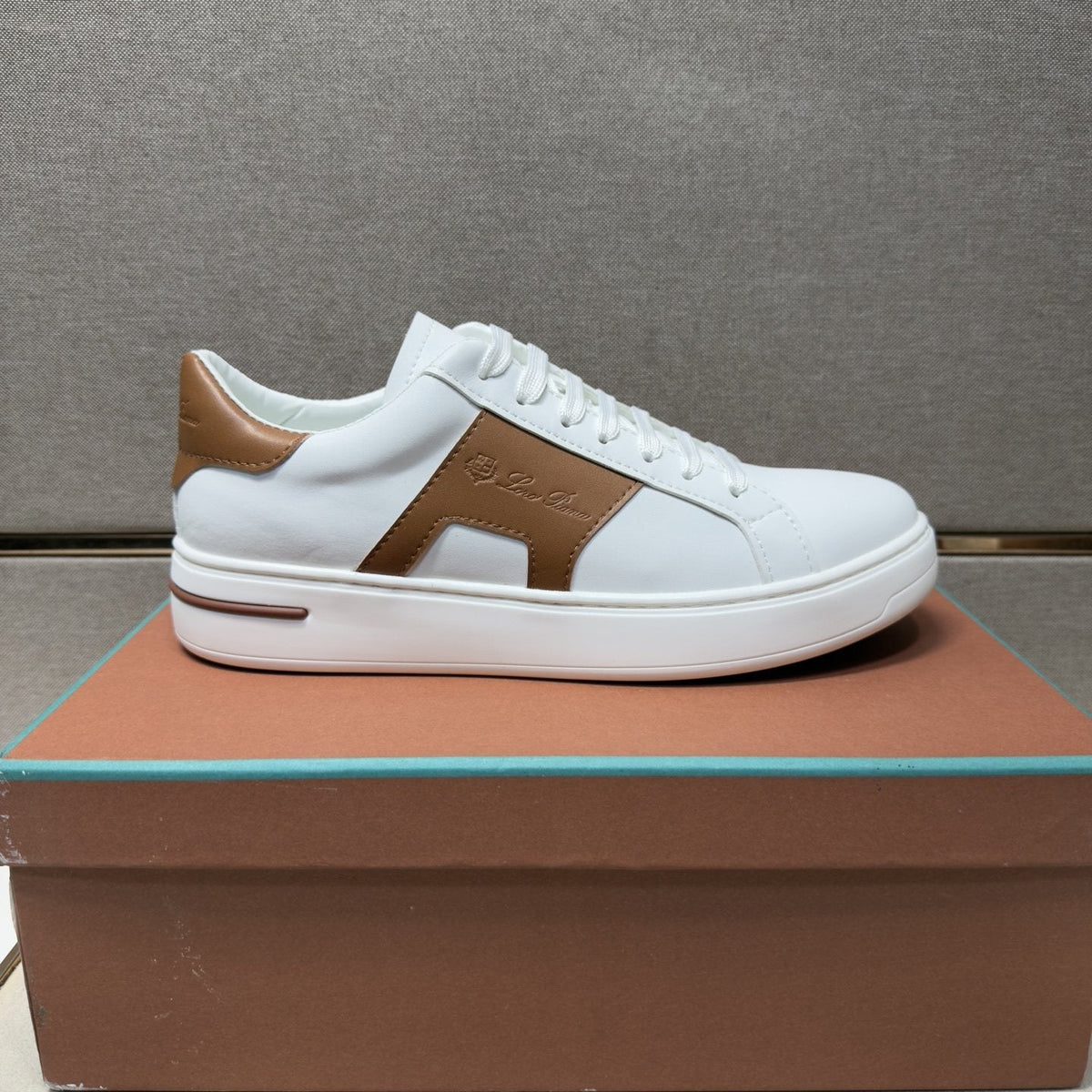 White and Brown Low-Top Sneakers