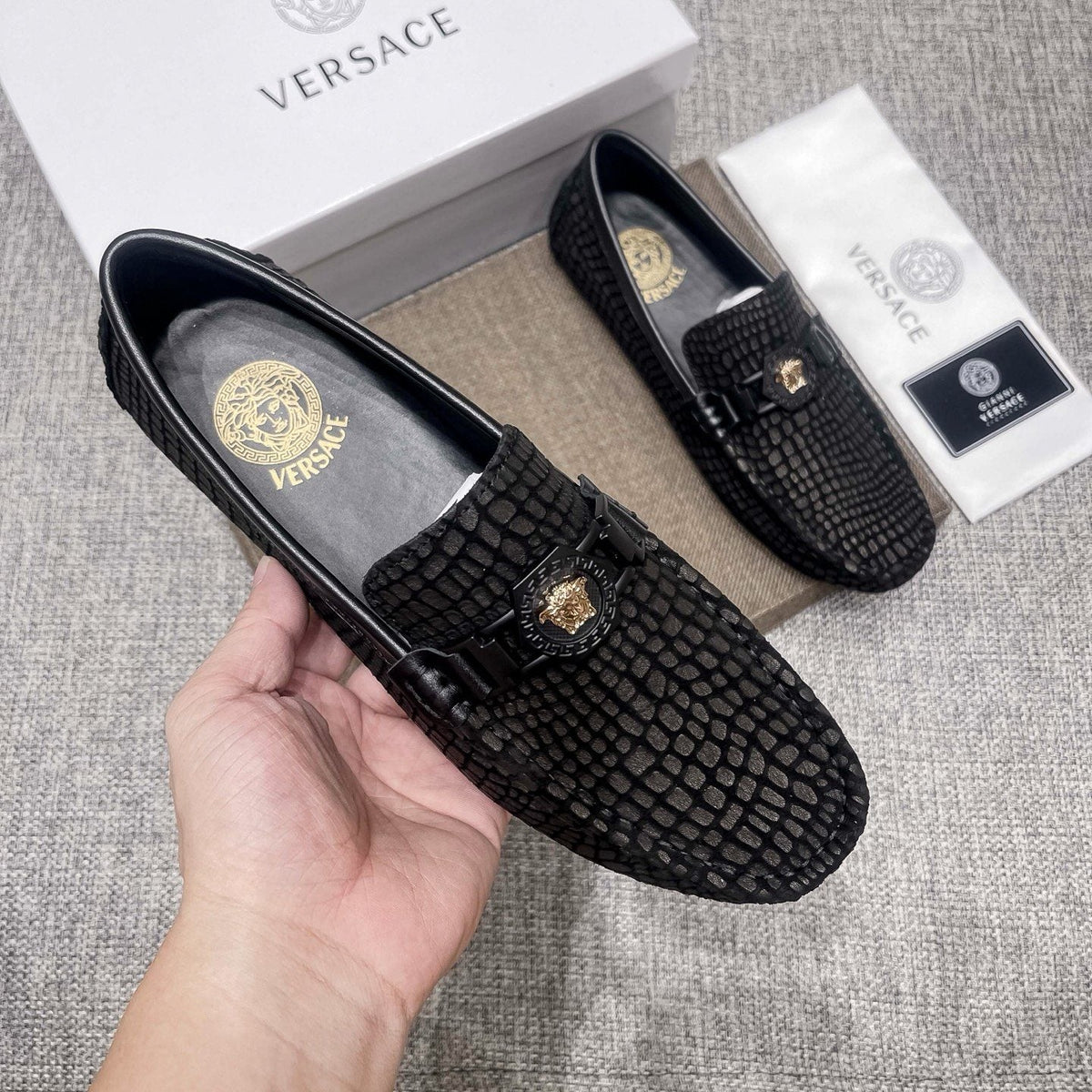 Versace Black Textured Driving Loafers