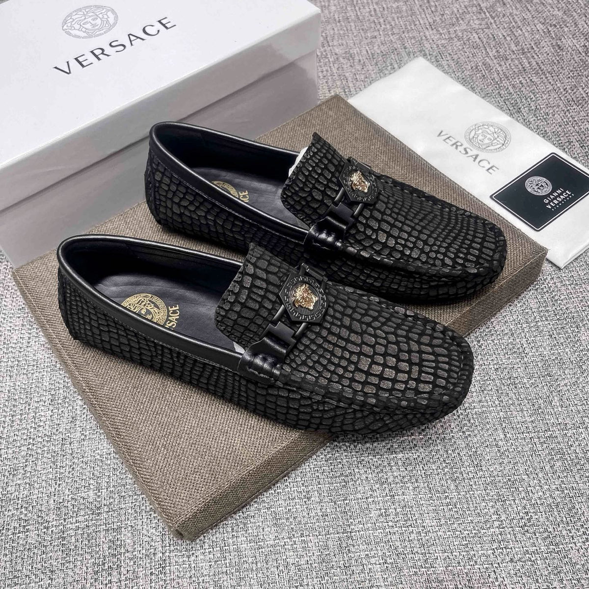 Versace Black Textured Driving Loafers