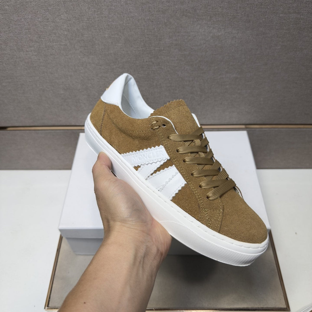 Moncler Men's Tan and White Striped Low-Top Sneakers