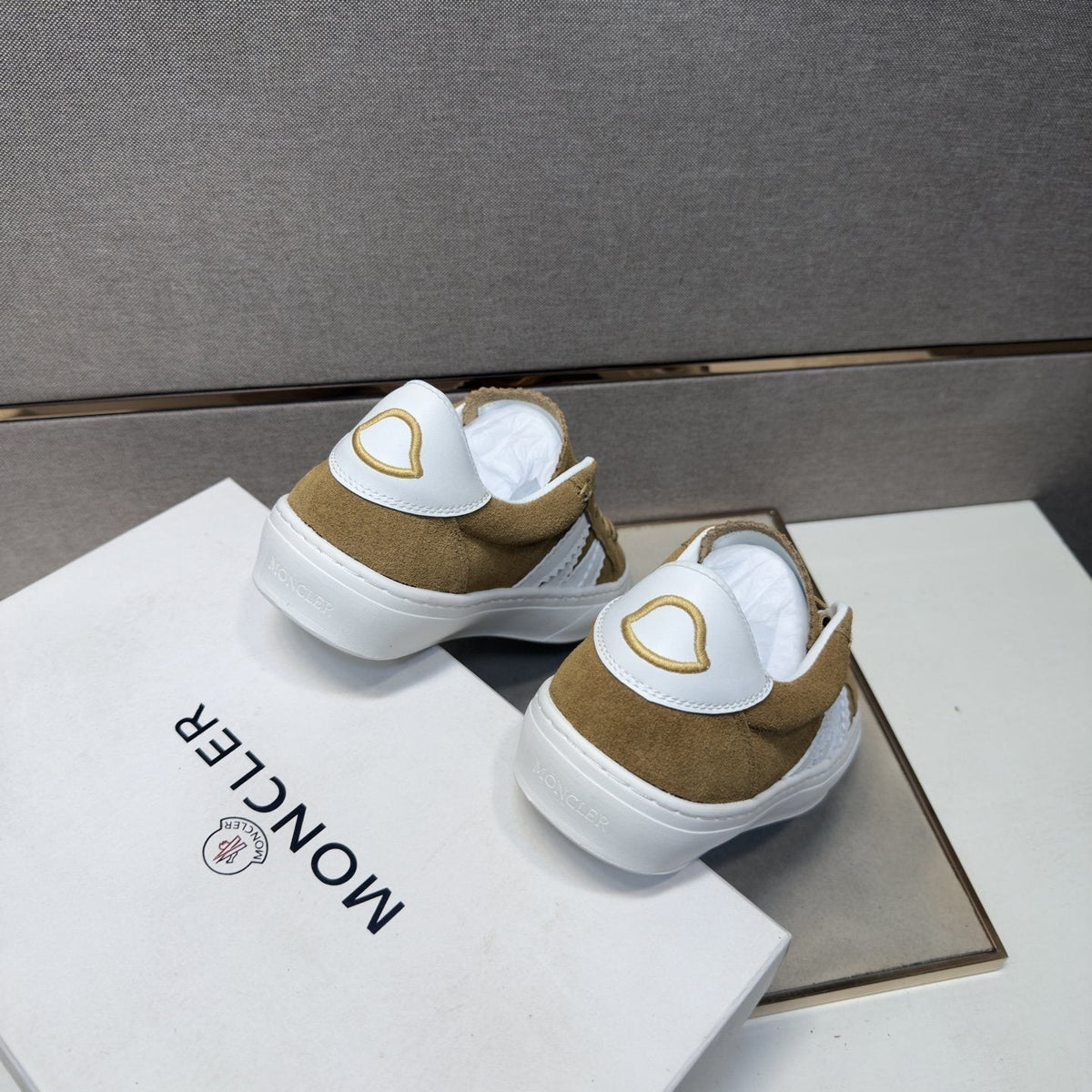 Moncler Men's Tan and White Striped Low-Top Sneakers
