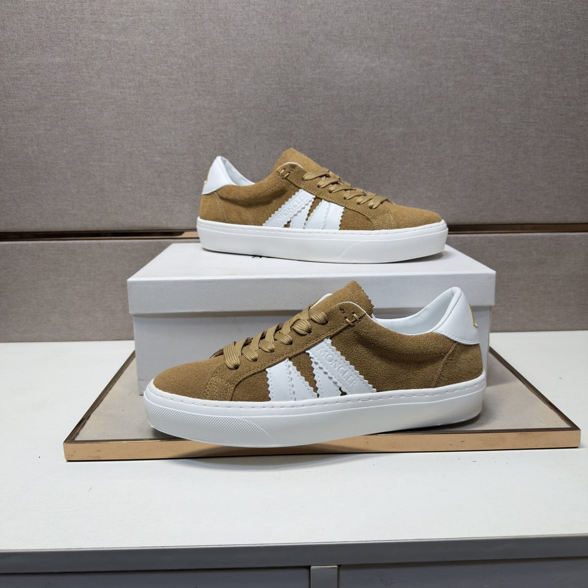 Moncler Men's Tan and White Striped Low-Top Sneakers