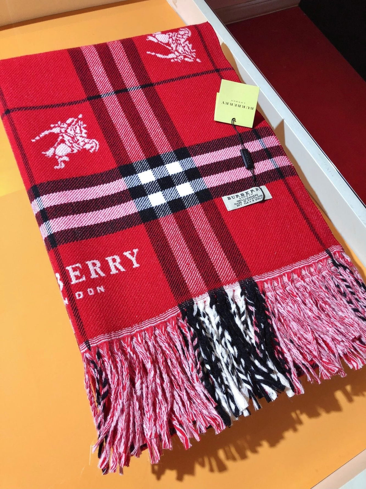 Burberry Embroidered Plaid Fringe Scarf
