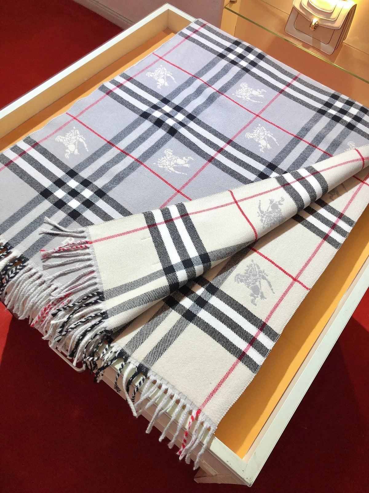Burberry Embroidered Plaid Fringe Scarf