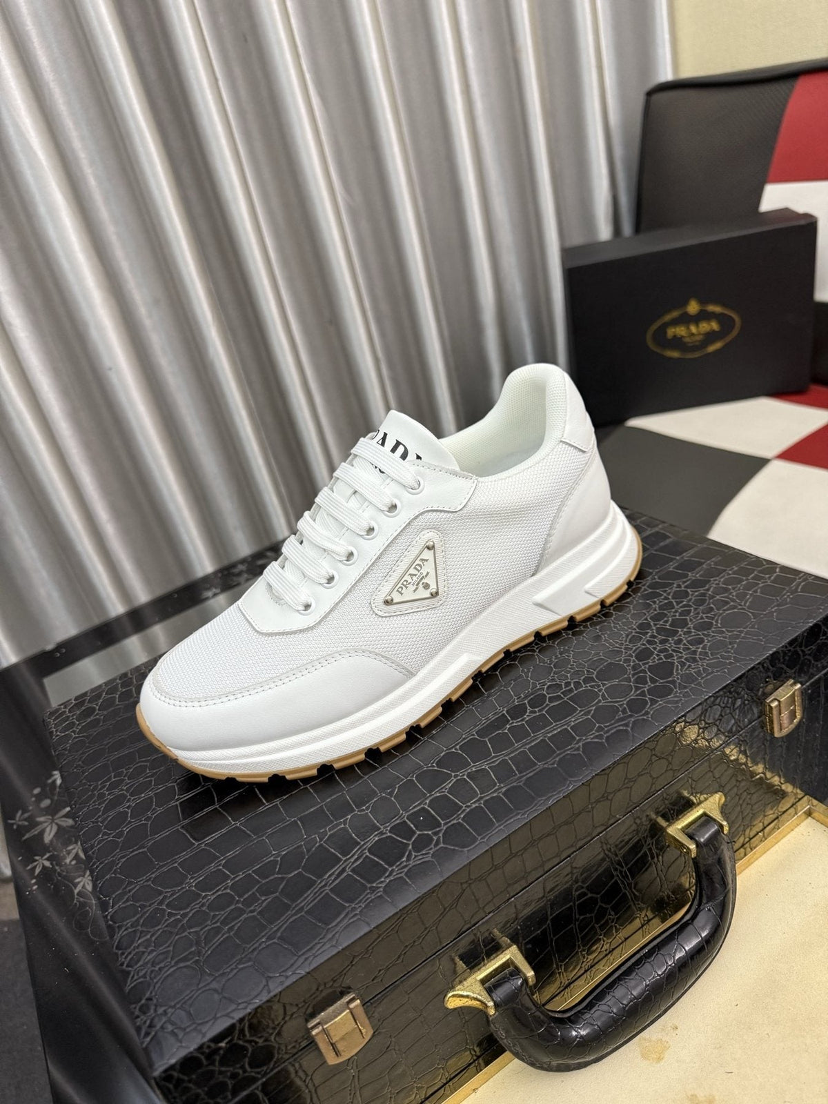 Prada Men's Triangle Plaque Low-Top Sneakers - Rubber Outsole