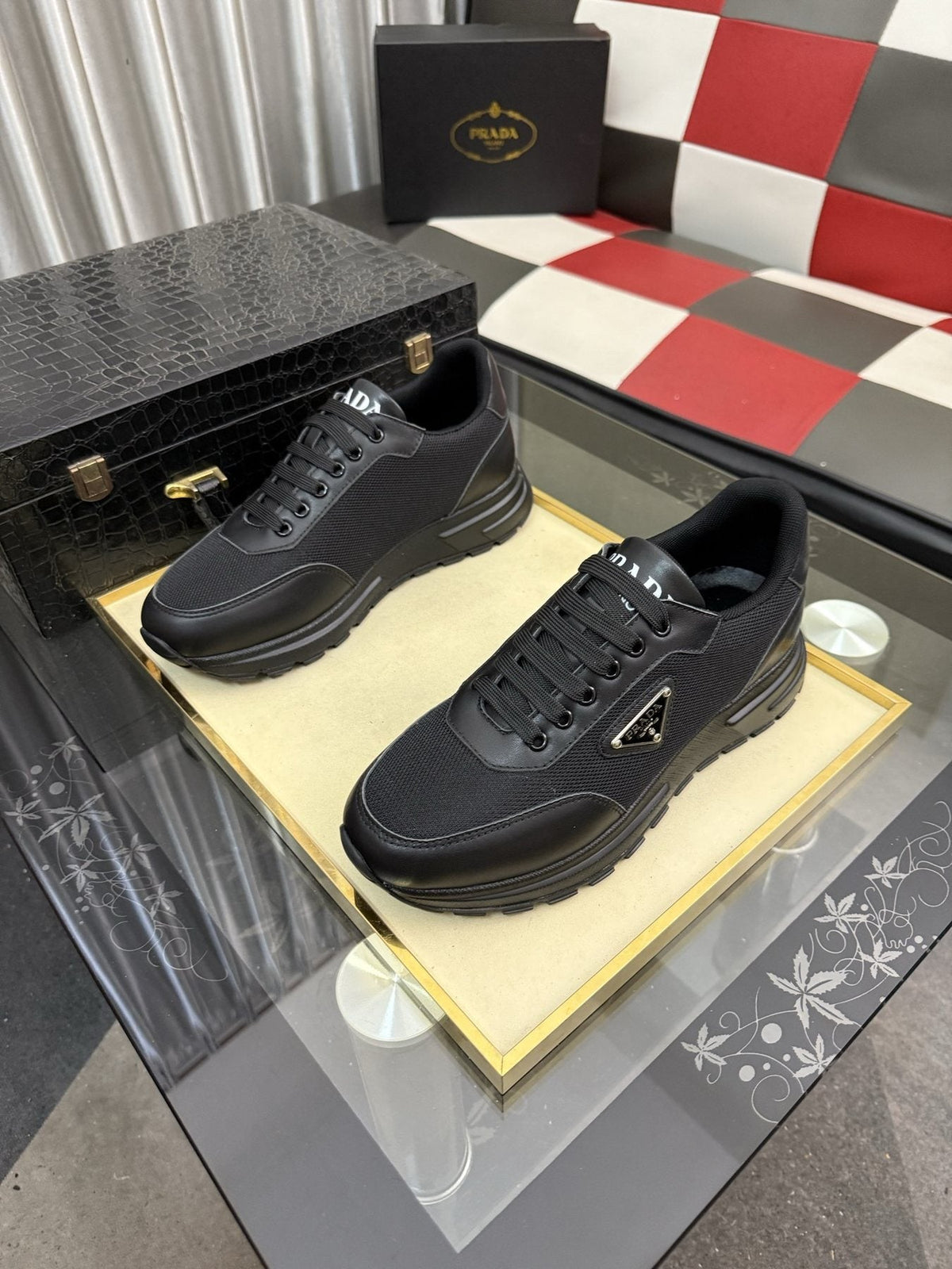 Prada Men's Triangle Plaque Low-Top Sneakers - Rubber Outsole
