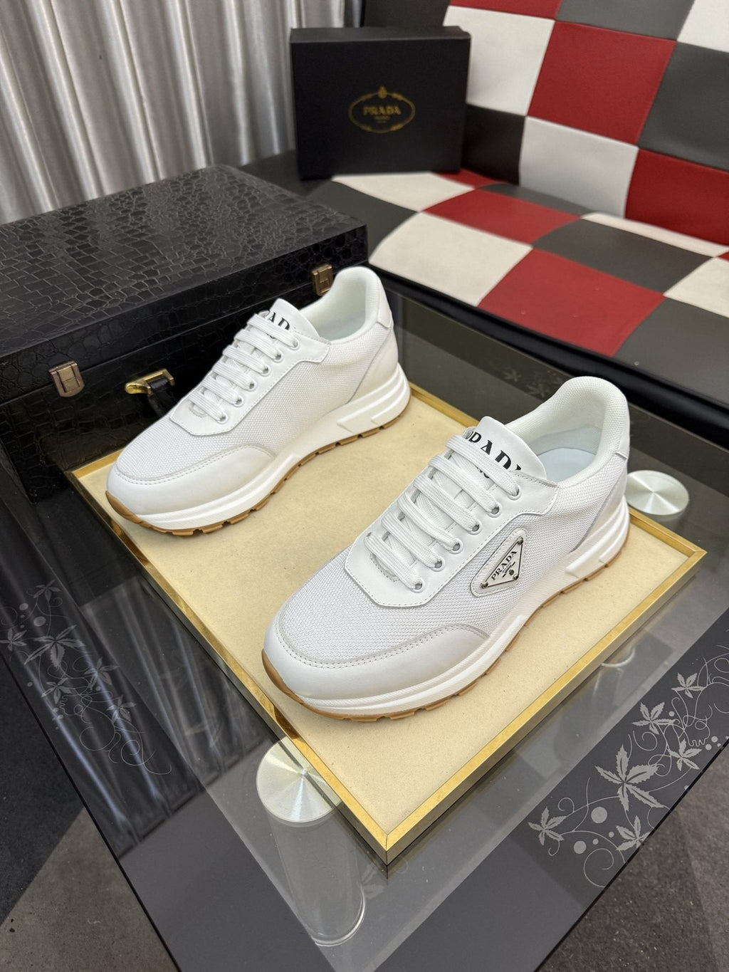 Prada Men's Triangle Plaque Low-Top Sneakers - Rubber Outsole