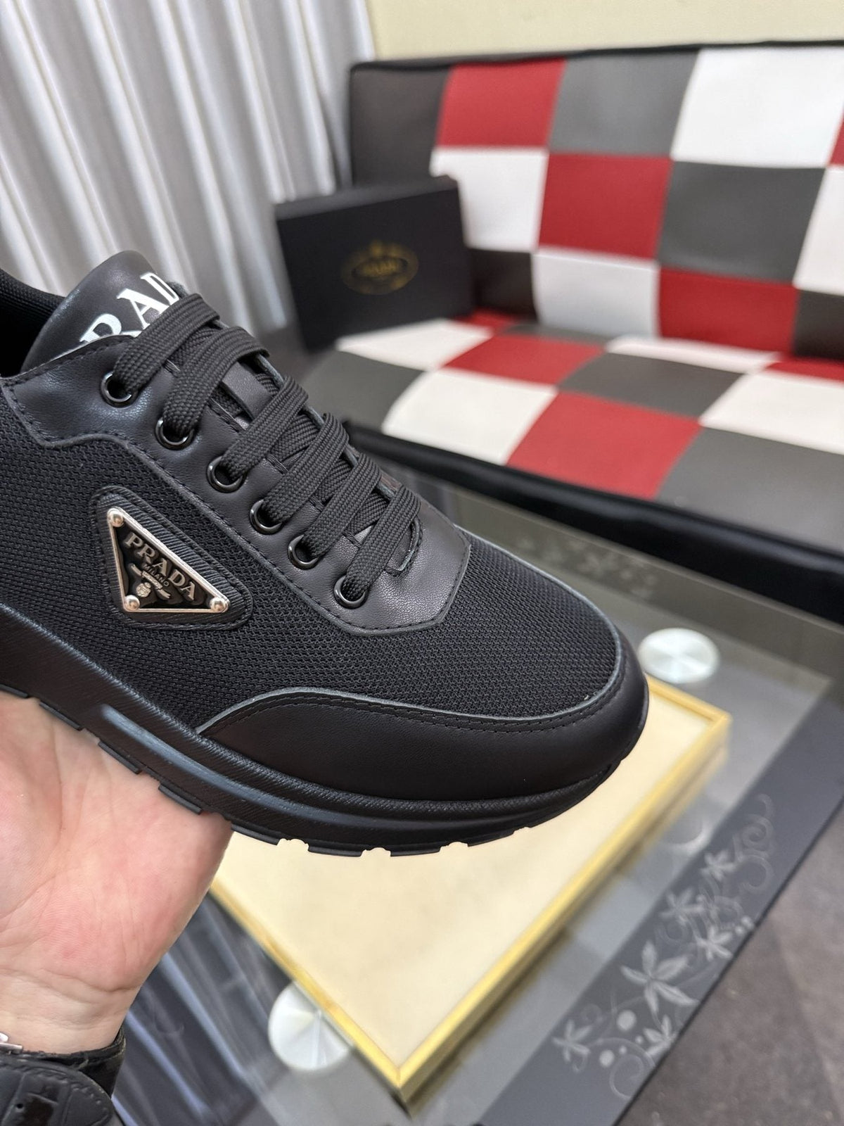 Prada Men's Triangle Plaque Low-Top Sneakers - Rubber Outsole