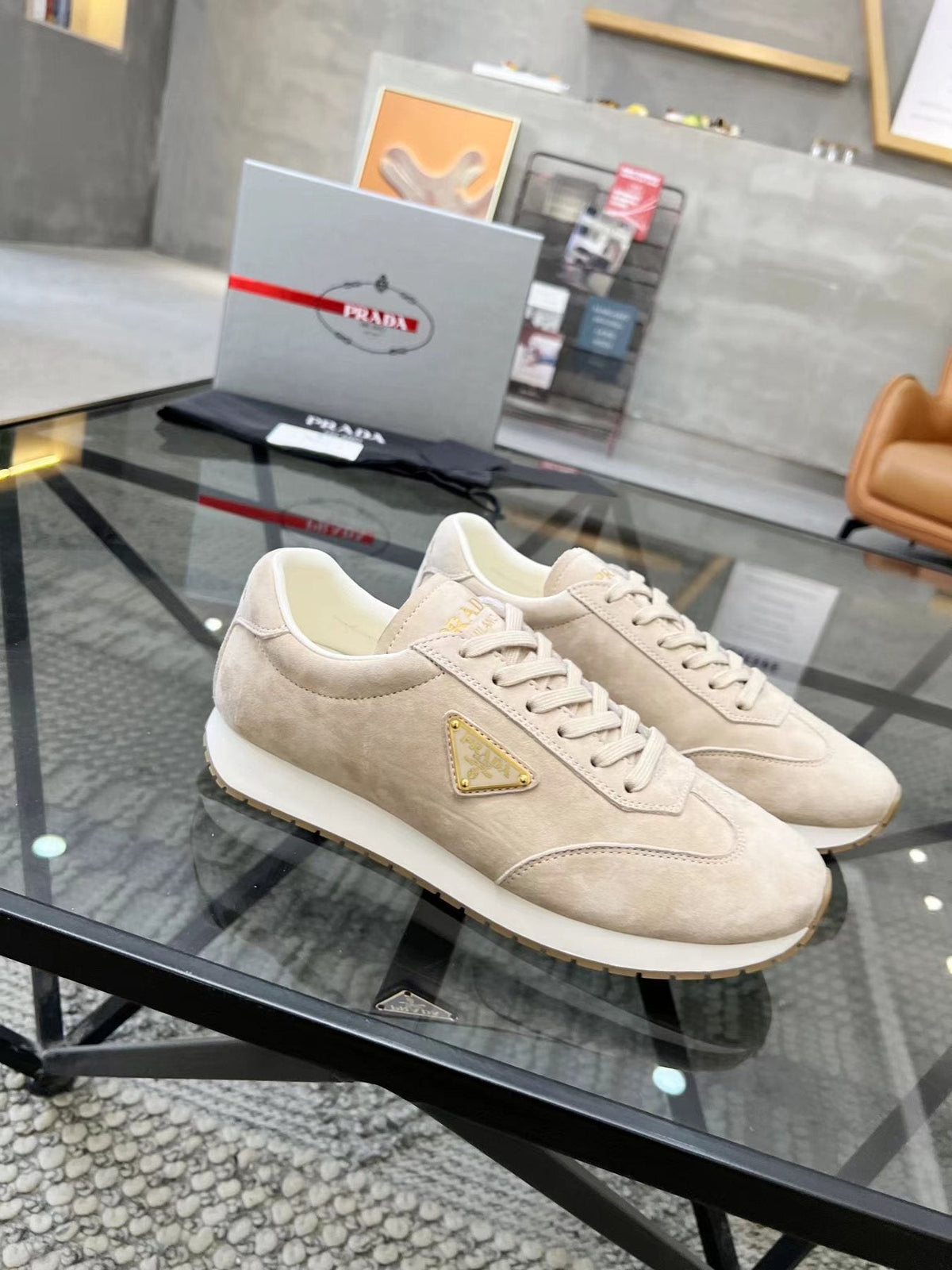Prada Men's Gold Accent Low-Top Sneakers